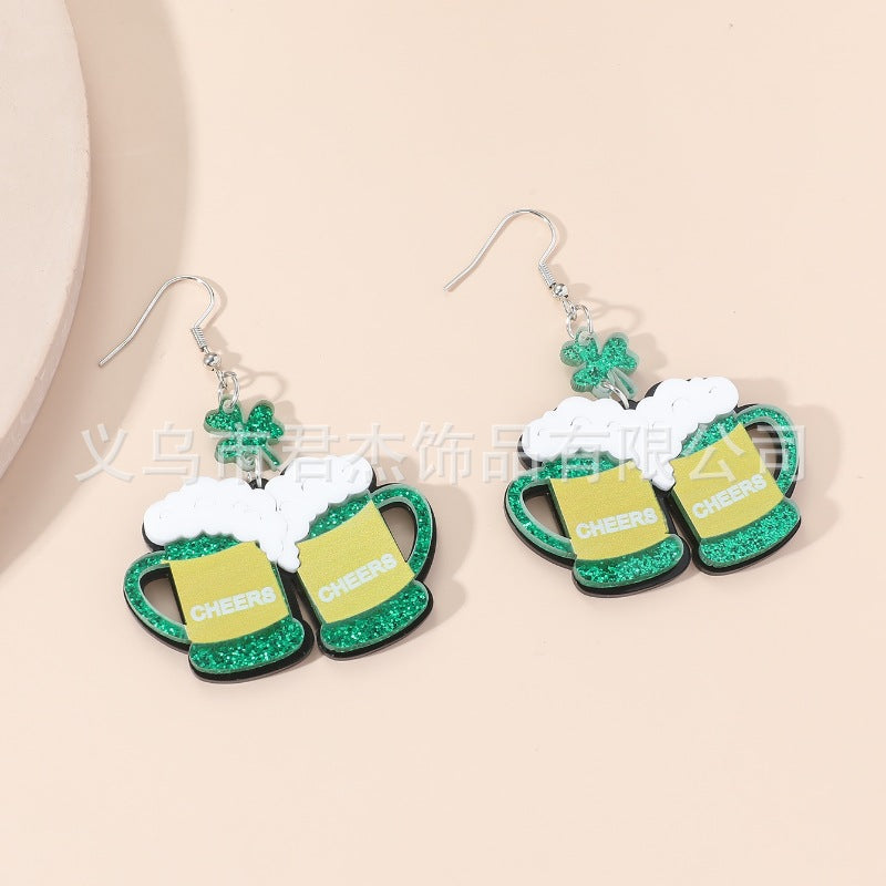 Wholesale St. Patrick's Day Carnival Personalized Green Acrylic Glitter Clover Earrings