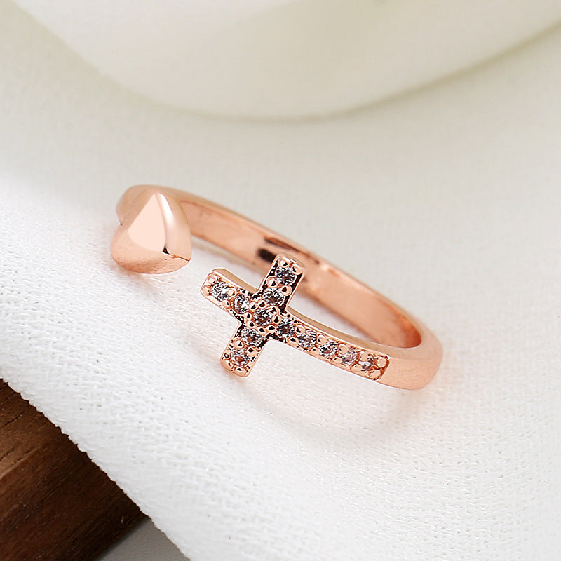 Wholesale Diamond Inlaid Cross Heart Opening Copper Ring