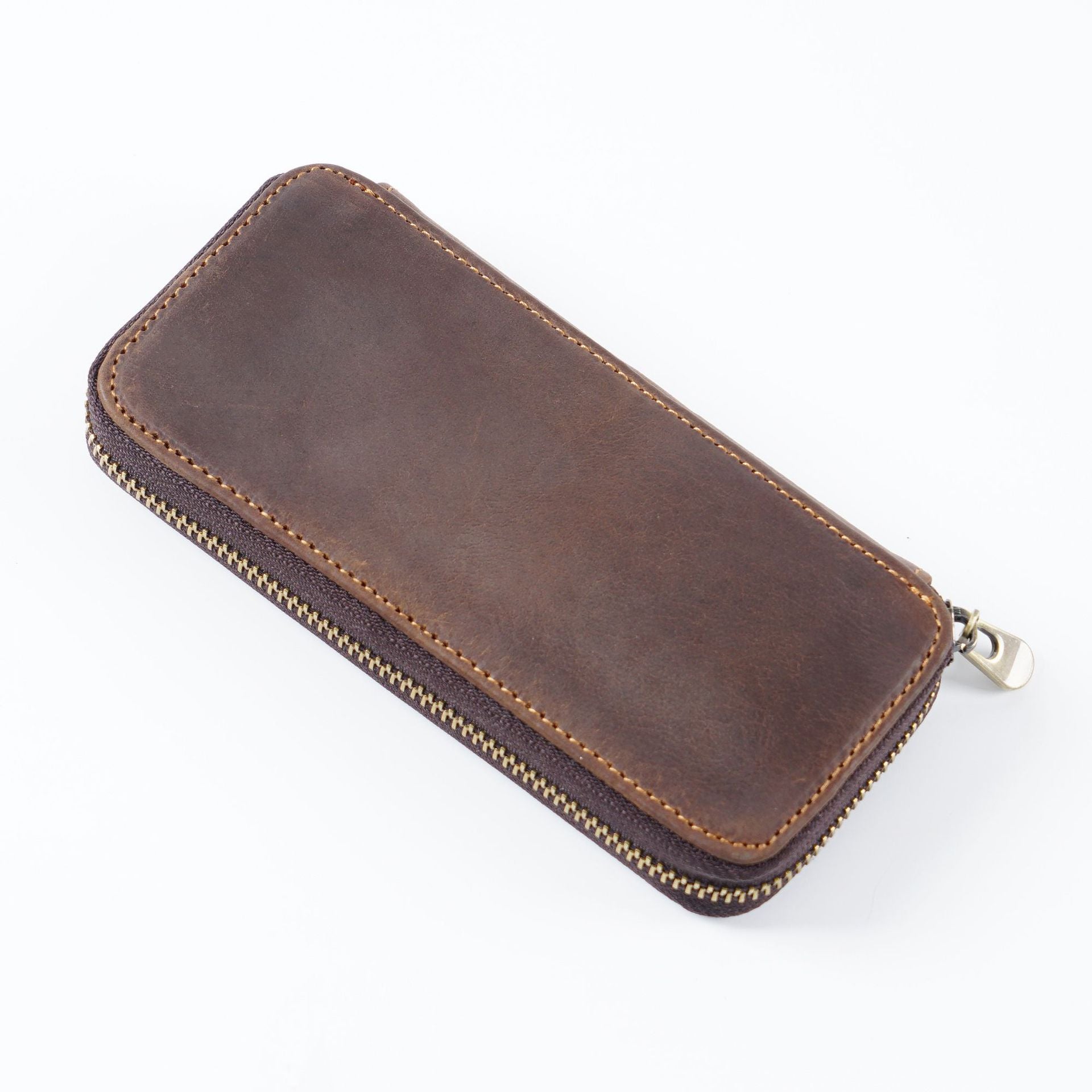 Wholesale Top Layer Cowhide Crazy Horse Leather Square Zipper Pencil Case
