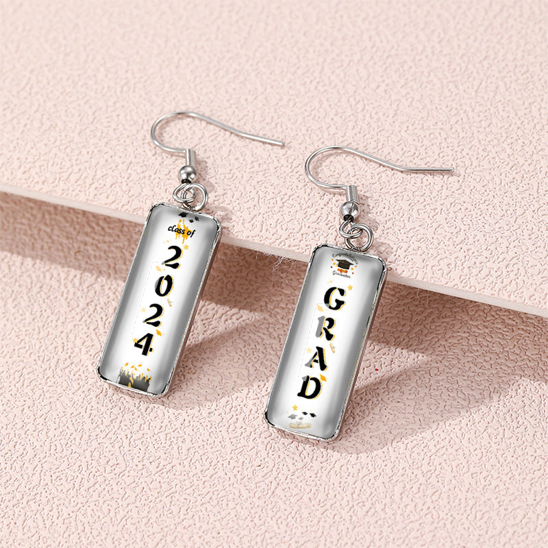 Wholesale graduation season letters school Carnival rectangular pendant glass earrings