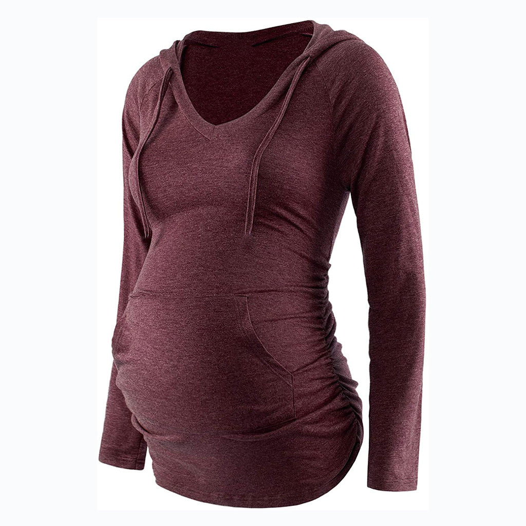 Wholesale V-neck Hooded Long Sleeved Polyester Tops for Pregnant Women