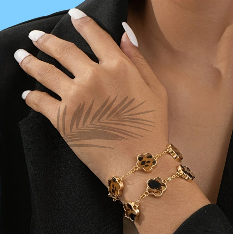 Wholesale Bohemian Classic Leopard Print and Five-Leaf Clover Charm Bracelet