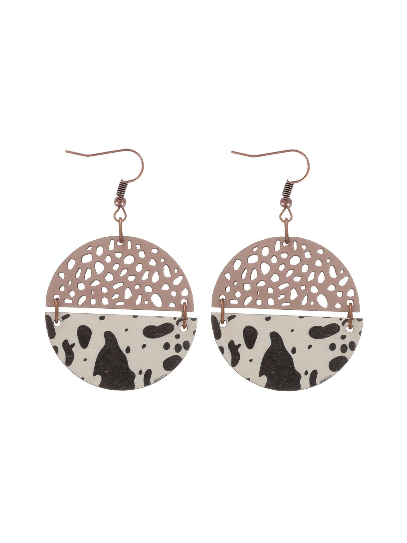 Wholesale Western Style Cow Print Leopard Print Wood Chip Leather Combination Round Earrings
