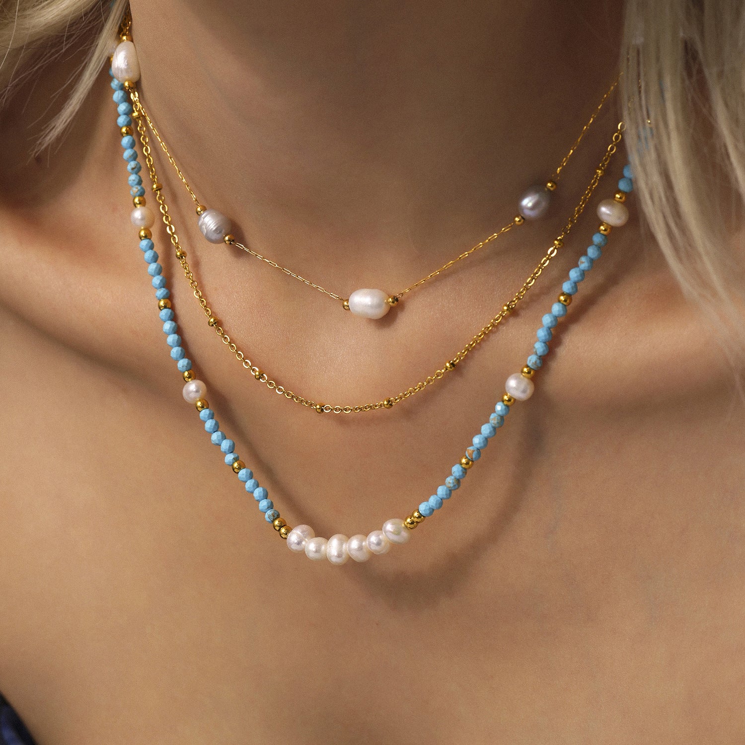 Wholesale Blue turquoise handmade beaded natural freshwater pearl necklace bracelet new set