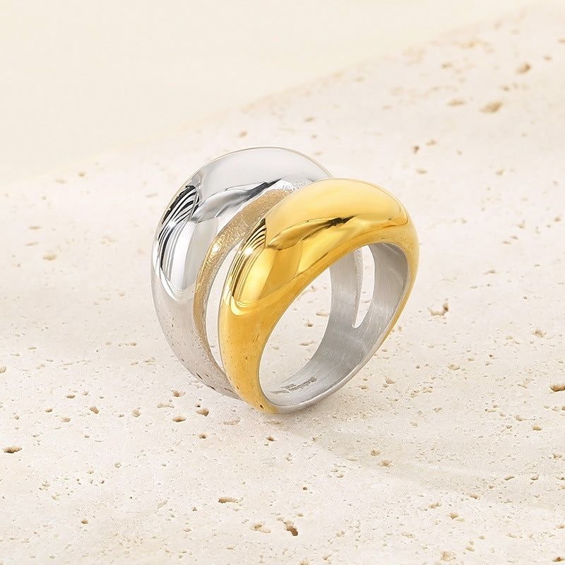 Wholesale Fashion Exaggerated Gold Arc Top Mirror Polished Electroplated 18k Real Gold Titanium Steel Double Row Rings
