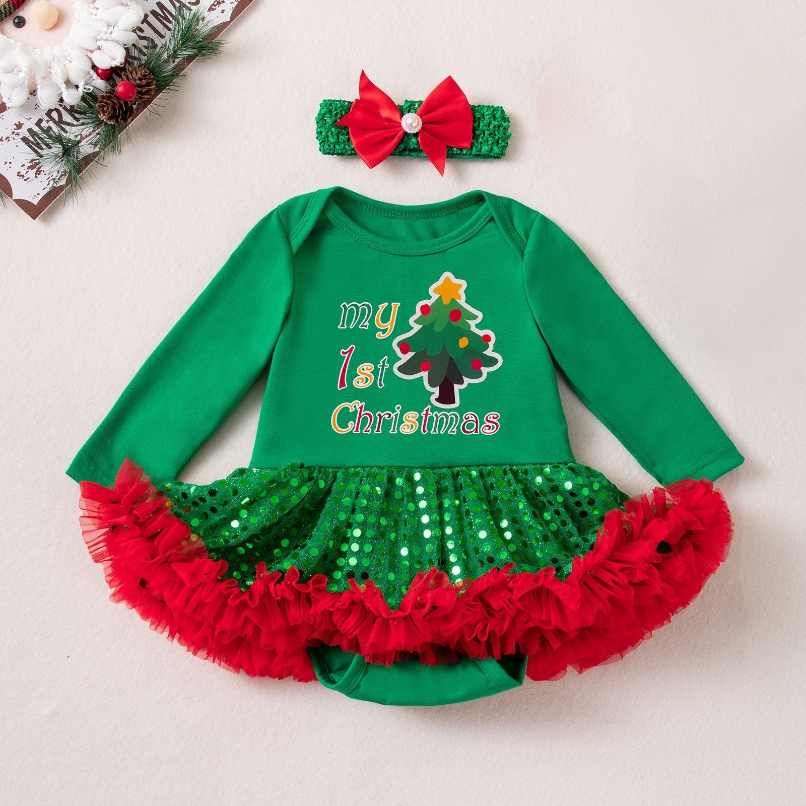 Wholesale Red Long Sleeve Sequin Tulle Baby Girl Christmas Dress Set With Hairband Leg Warmers Boutique Holiday Outfit