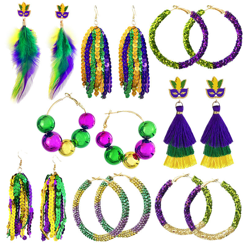 Wholesale Carnival Atmosphere, Multiple Materials, Glitter, Tassels, Bright Beads, Feather Earrings