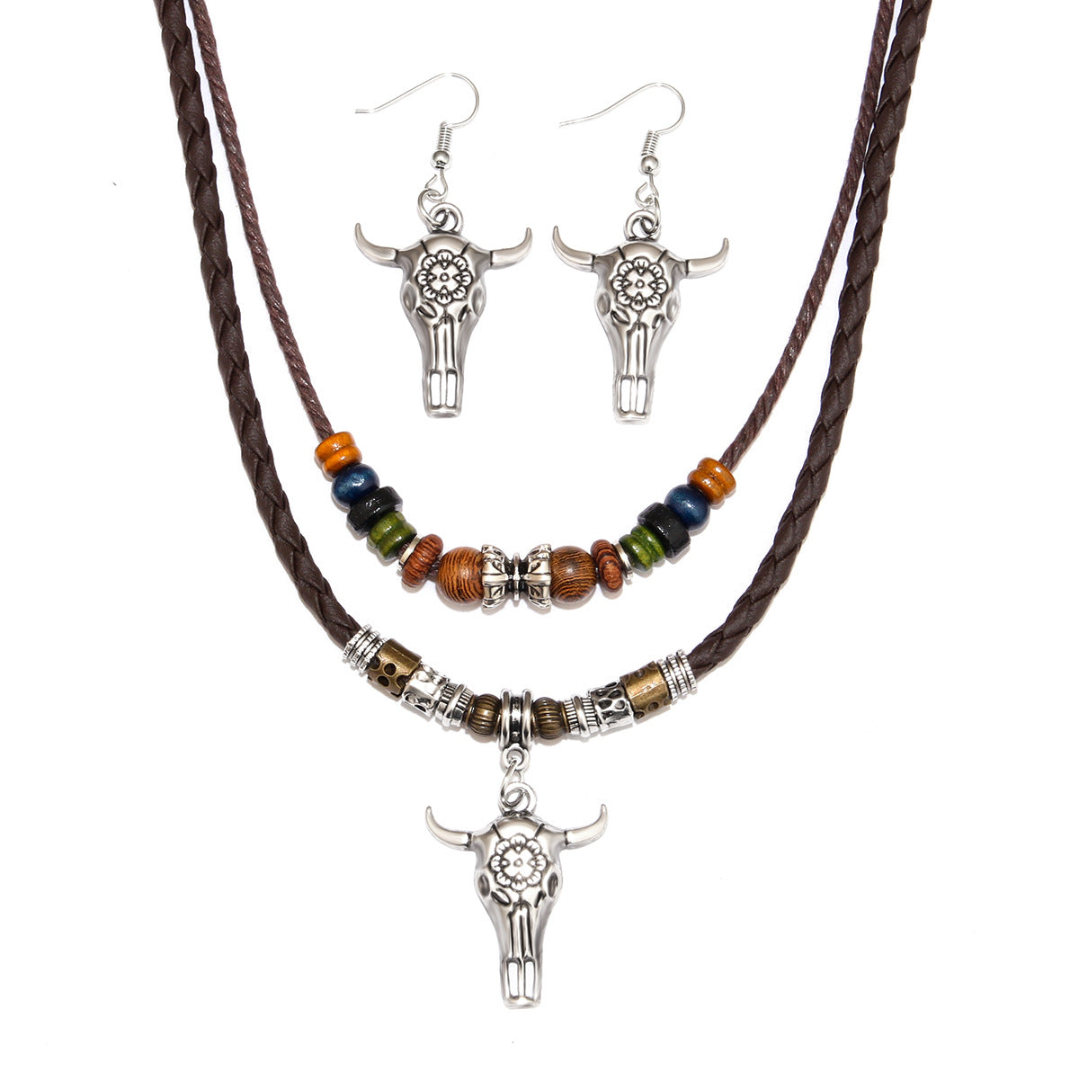 Wholesale Ox head shaped wooden bead double necklace Braided rope clavicle necklace