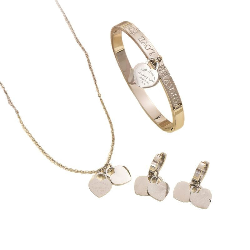 Wholesale Steel colored double heart stainless steel necklace  bracelet  and earrings