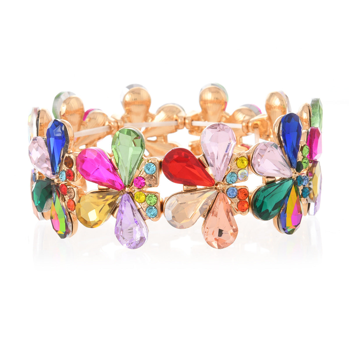Wholesale Women S Elastic Stretch Bracelet With Golden White Glass Flower Gold Plated Zinc Alloy Dance Performance Party Jewelry Accessory Fashion Gift