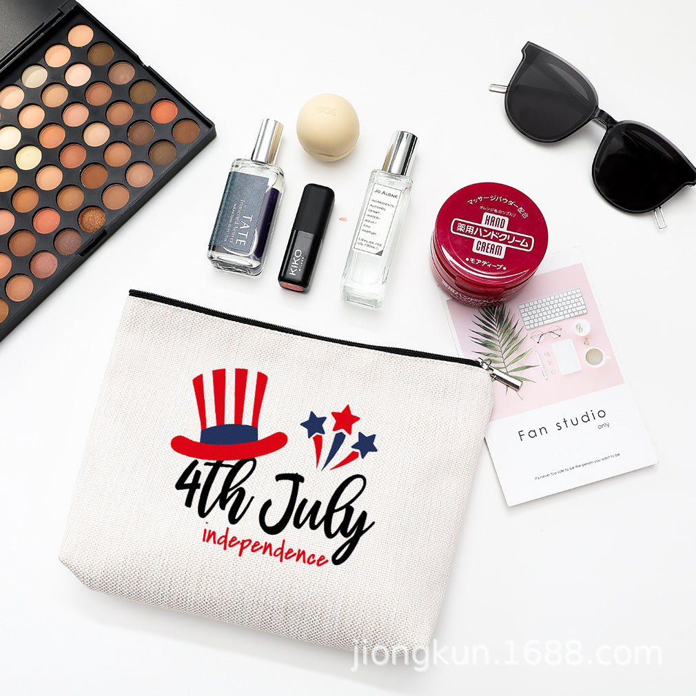 Wholesale Independence Day Waterproof Linen Cosmetic Bag