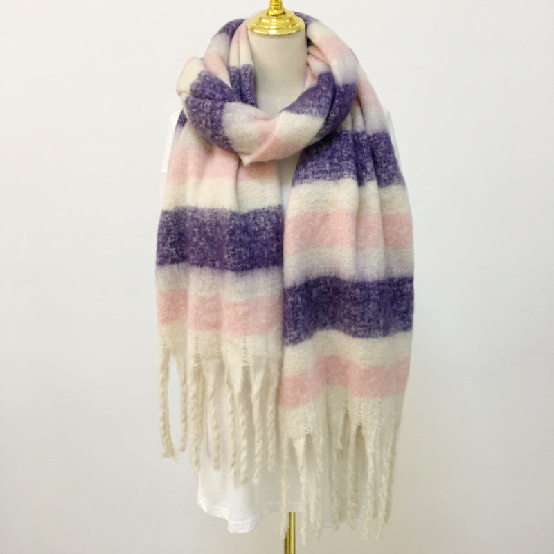 Wholesale Winter Mohair Tassels Rainbow Striped Woolen Scarves