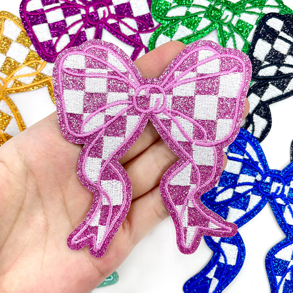 Wholesale Polyester Embroidered Plaid Bow Patches DIY Iron On Back Adhesive Craft Supply For Clothing