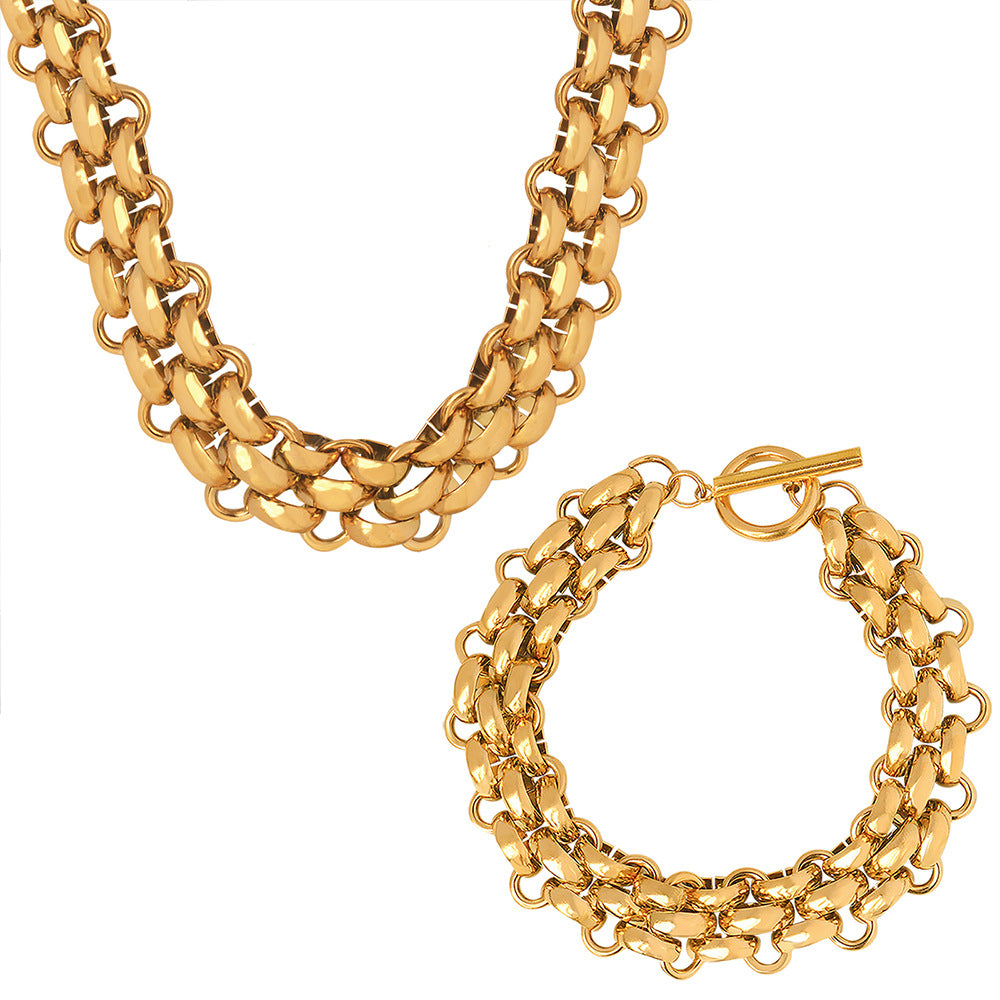 Wholesale Buckle Design Thick Chain Gold Plated Bracelet Necklace Jewelry Set