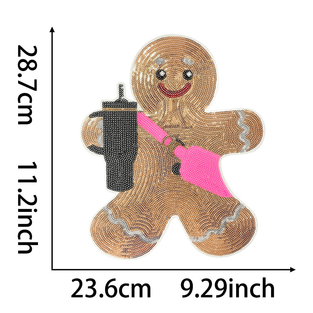 Wholesale Christmas Gingerbread Man Sequin Embroidered Patch Red Green Large Iron On DIY Decorative For Coats