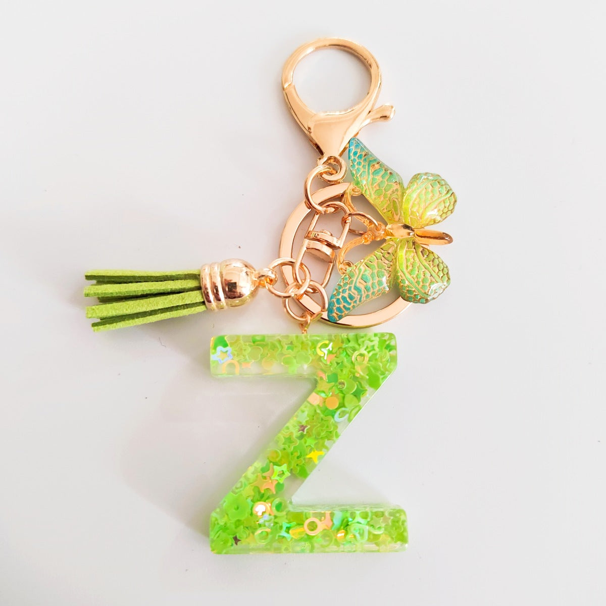Wholesale 26 English Alphabet Keychain Pendant Green Star Glitter Resin Pendant  Key Chain