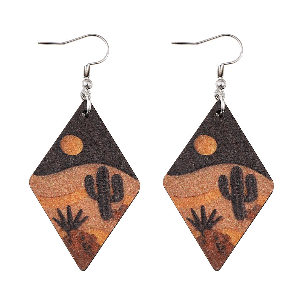 Wholesale Trendy Desert Cactus Wood Drop Earrings Double Sided Geometric Western Style Jewelry Accessory For Boutique Resale