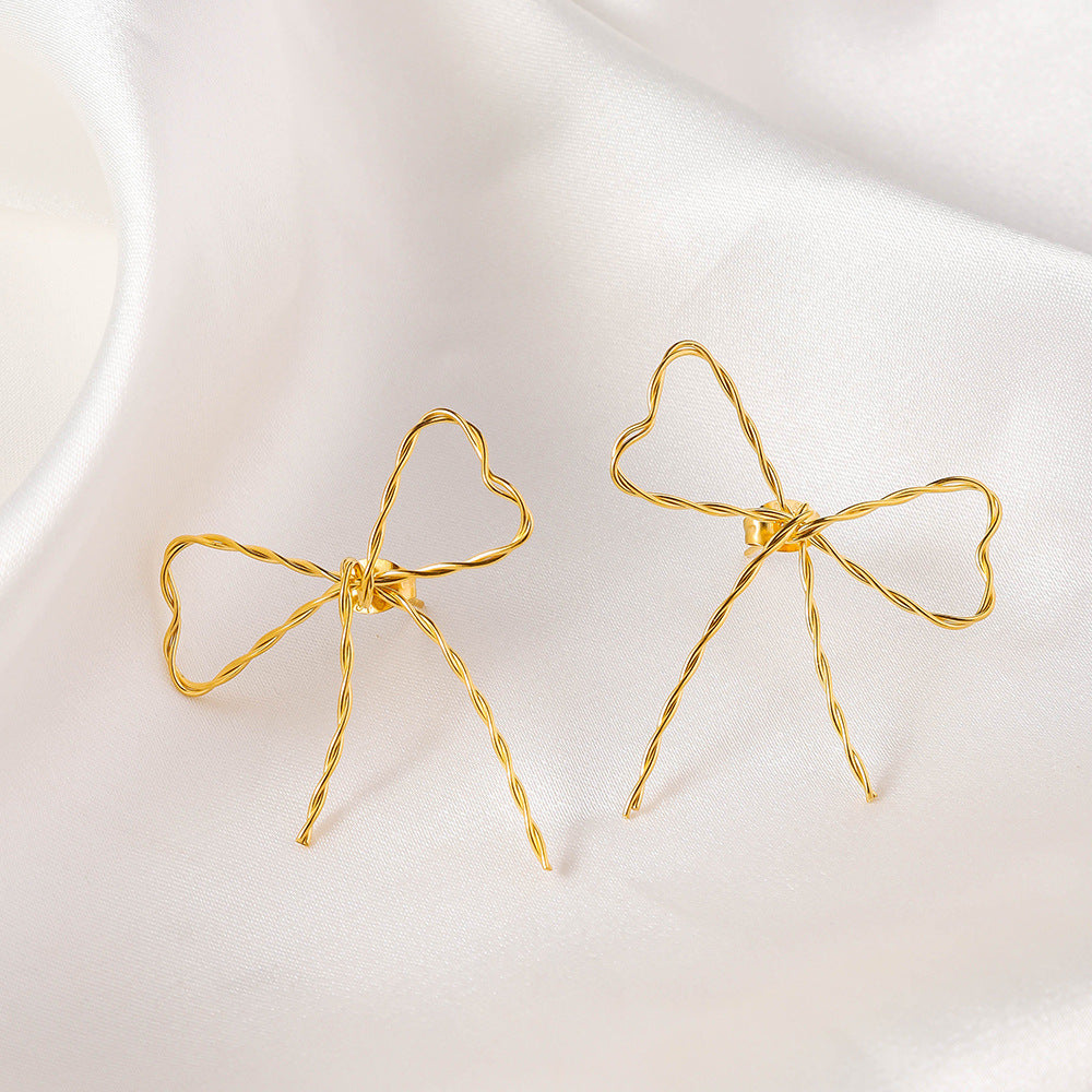 Wholesale Retro Mirror Butterfly Bow Stainless Steel 18k Real Gold Titanium Steel Earrings