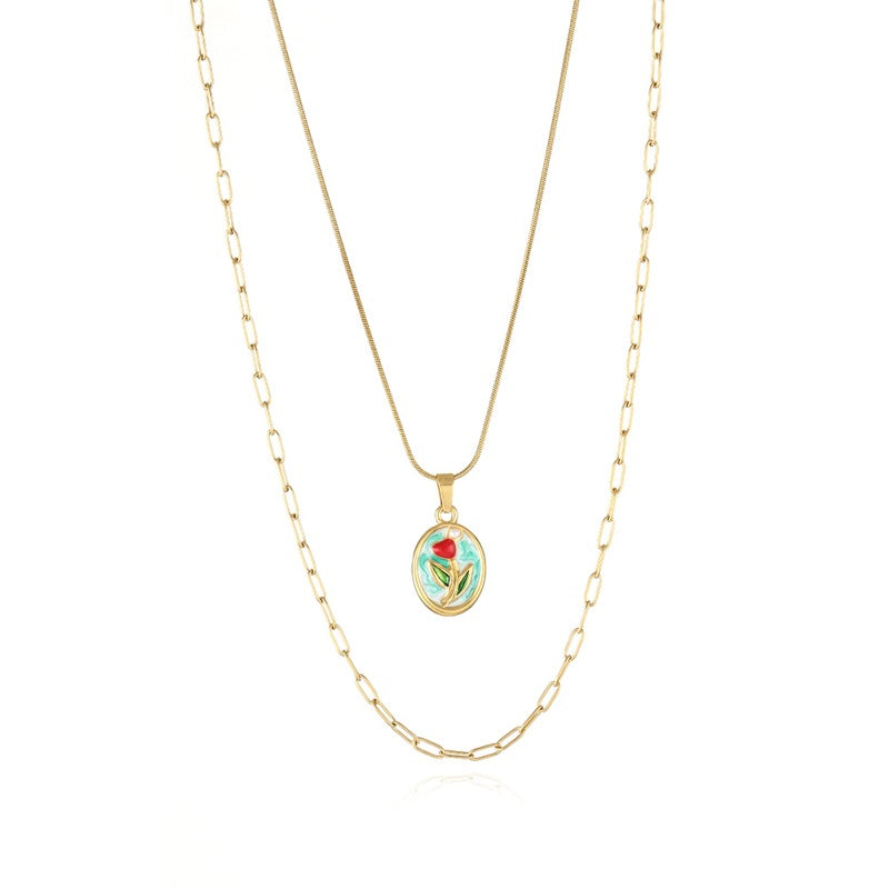 Wholesale Medieval Style Monet Oil Painting Flower Pendant Earrings Necklace Set