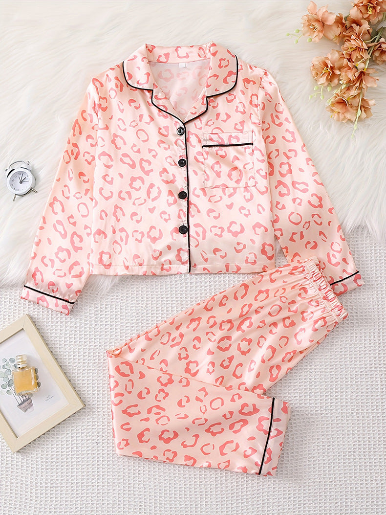 Wholesale Milk Silk Cardigan with Lapel and Leopard Print Children's Long Sleeved Pajamas