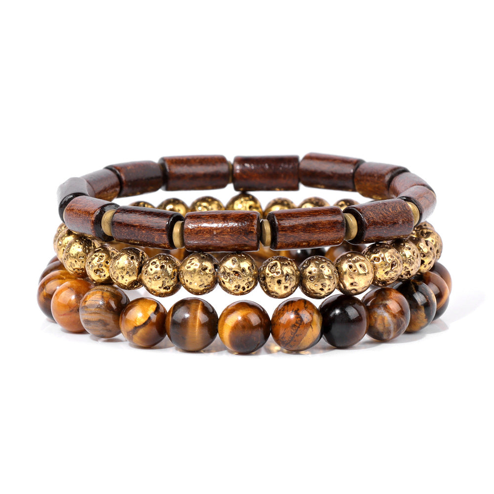 Cuentas de piedra natural al por mayor chapadas de madera de piedra volcánica con brazalete de ágata