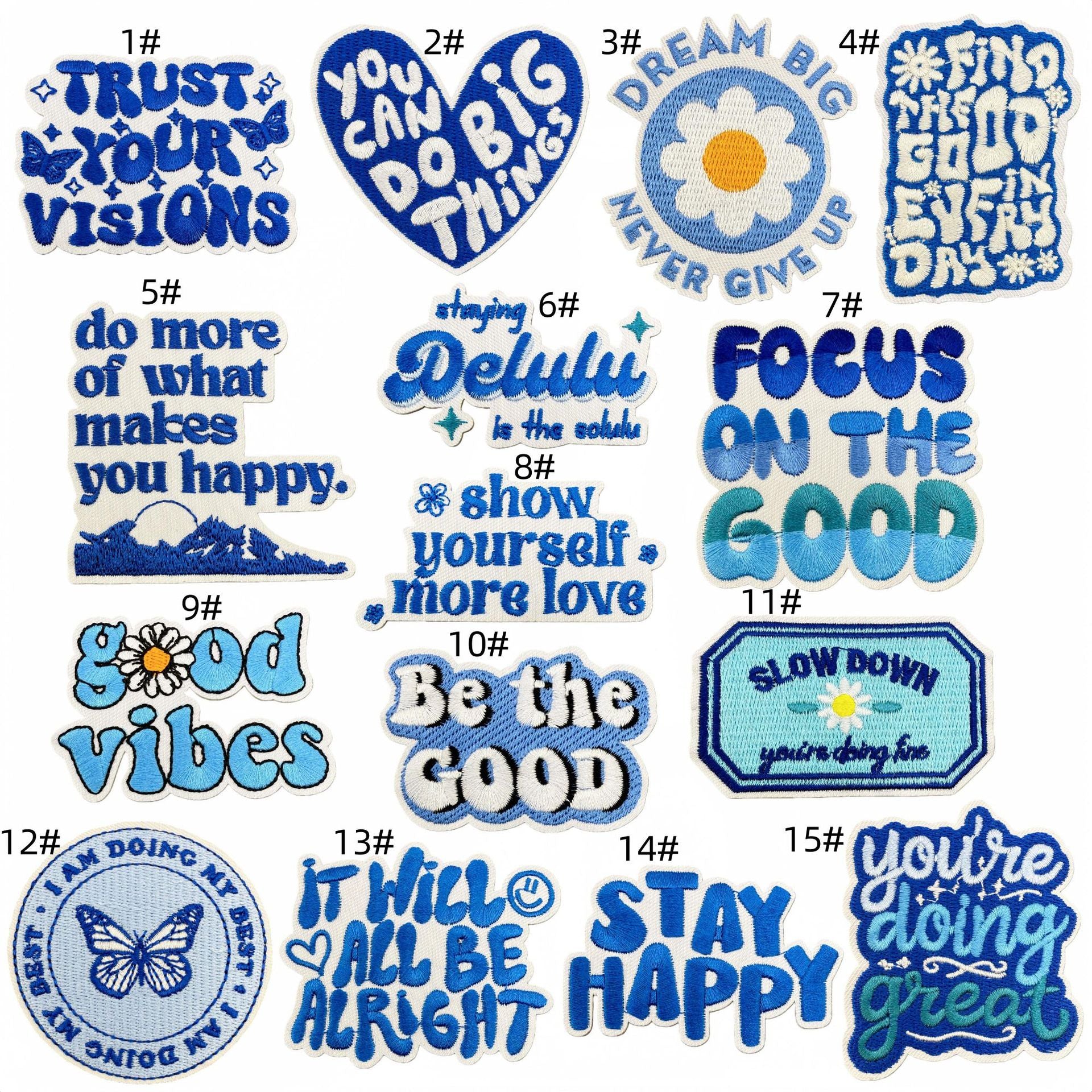 Wholesale Blue Embroidered Iron On Patch Positive Energy Saying DIY Fashion Accessory For Clothing Bags