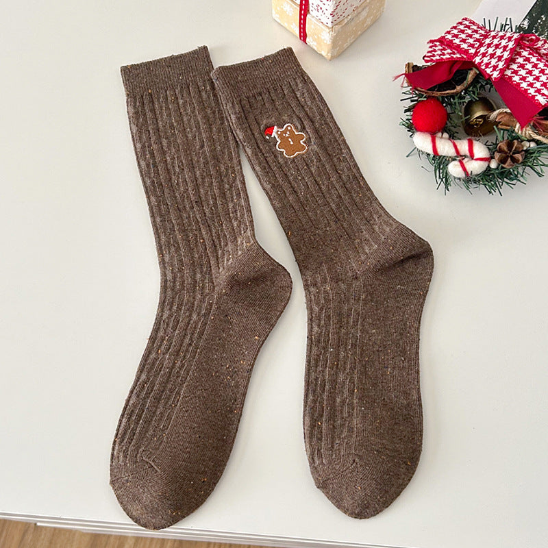 Wholesale Mid Tube Autumn and Winter Fried Dough Twists Pattern Christmas Socks Snowman Embroidery Versatile Socks