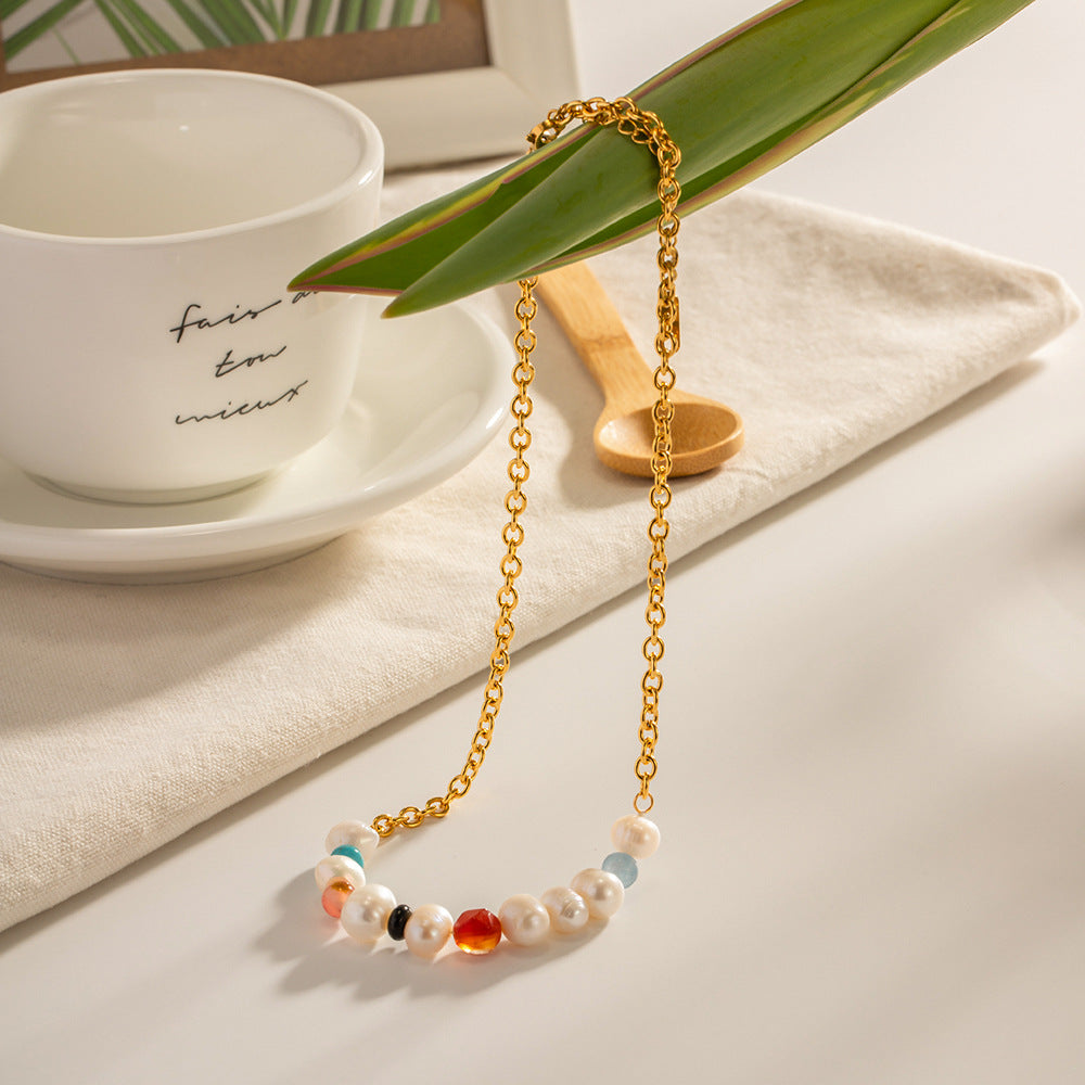 Wholesale Colorful Natural Stone Pearl Beads 18k Gold Stainless Steel Necklaces