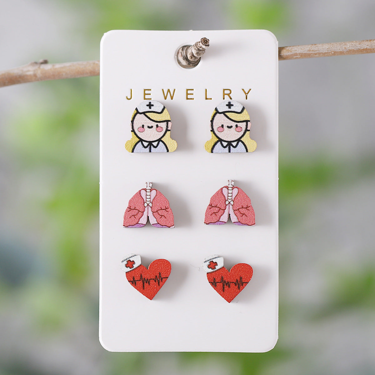 Wholesale Nurse' s Day Stethoscope Nurse Cute Heart and Lung Organs Wooden Earrings