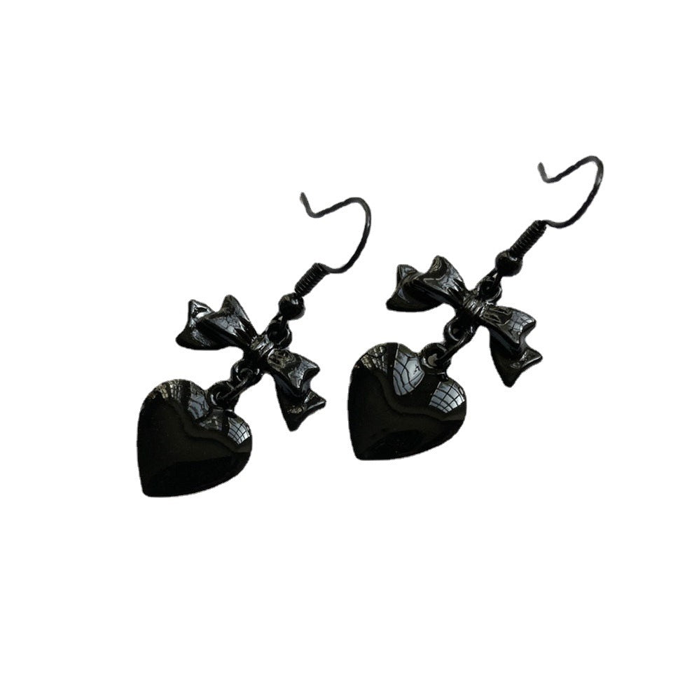Wholesale Black Heart Shaped Black Bow Alloy Earrings