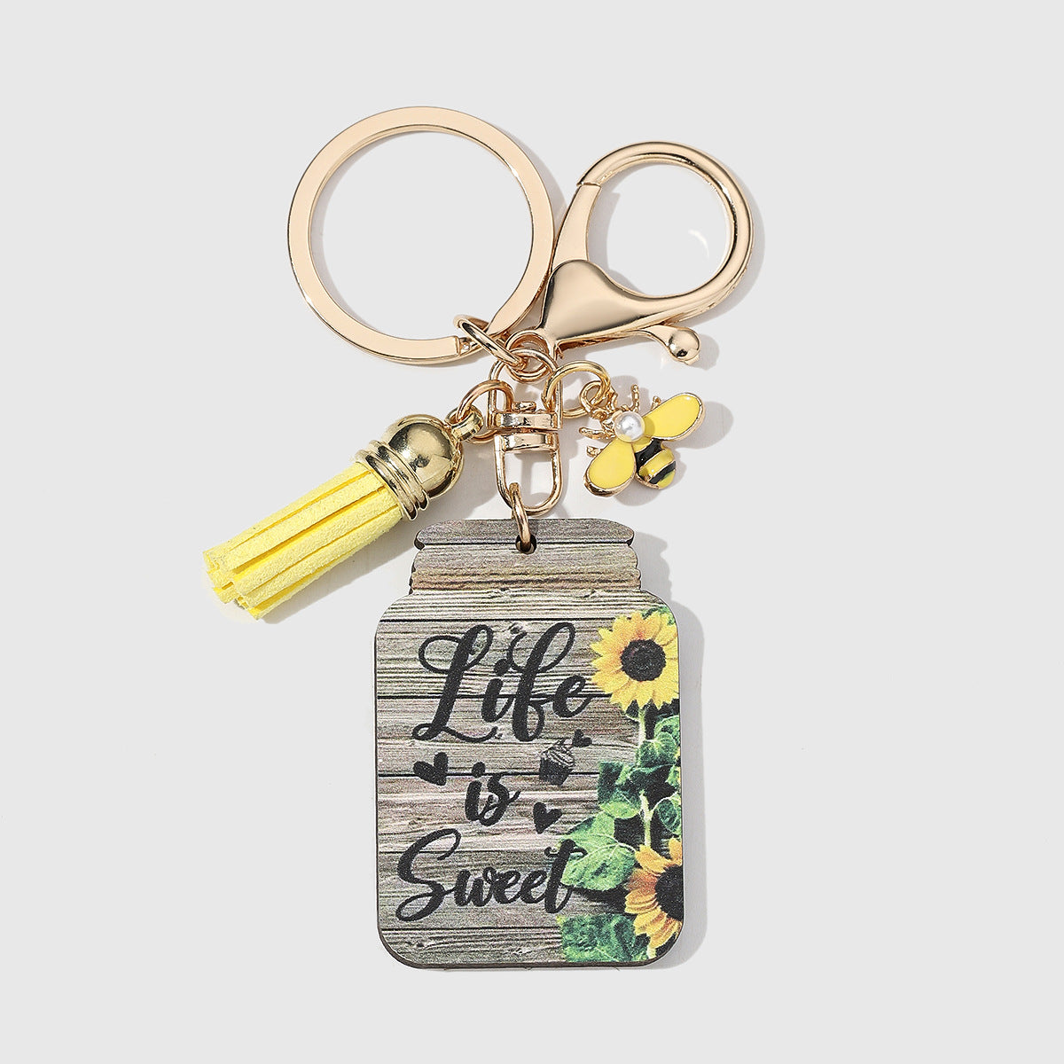 Wholesale Wooden Sunflower Slogan Bee Honeypot Color Printed Keychain