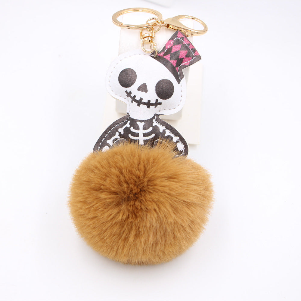 Wholesale Halloween Leather Skull Fur Ball Keychain
