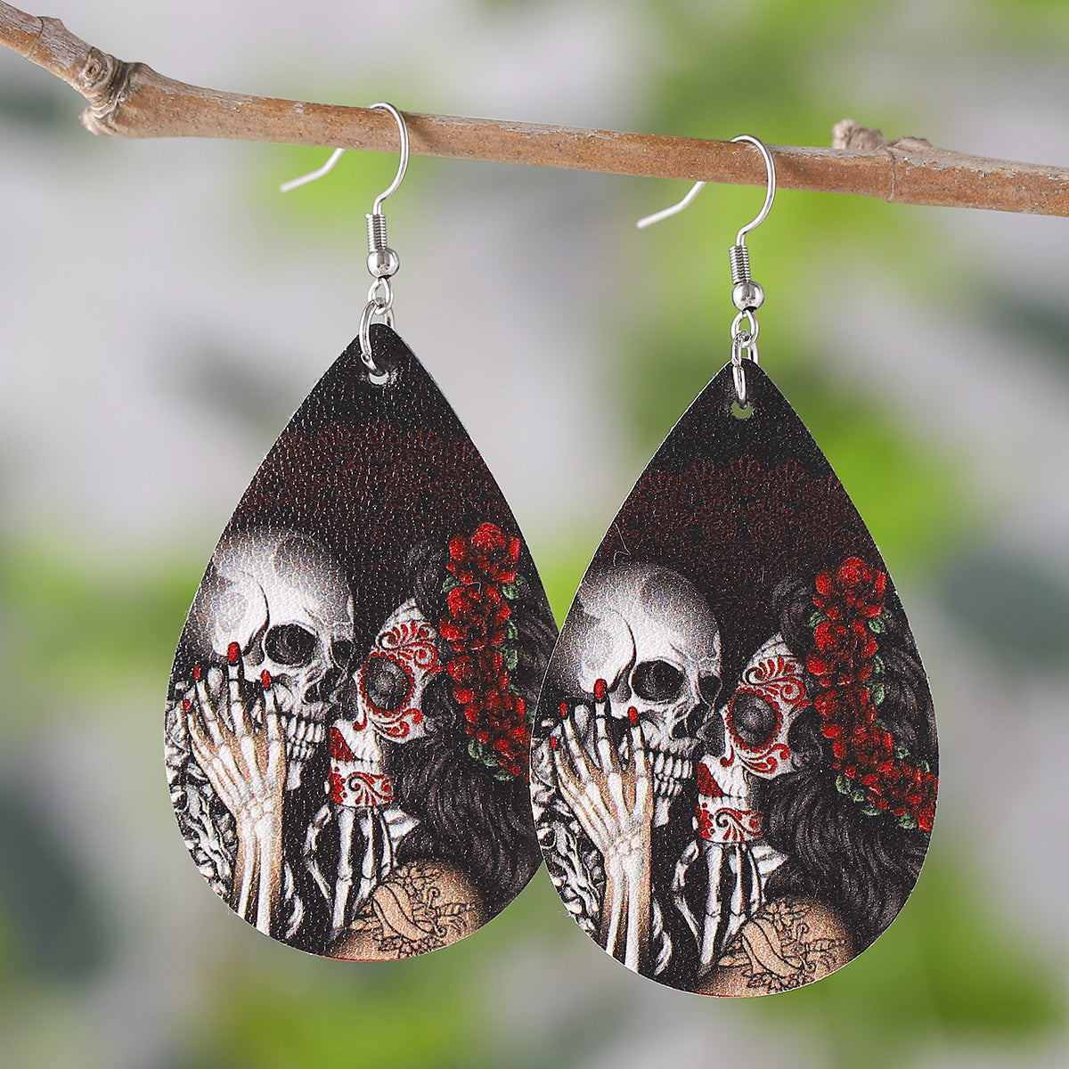 Wholesale dark rose flower skull earrings double-sided PU leather drop earrings