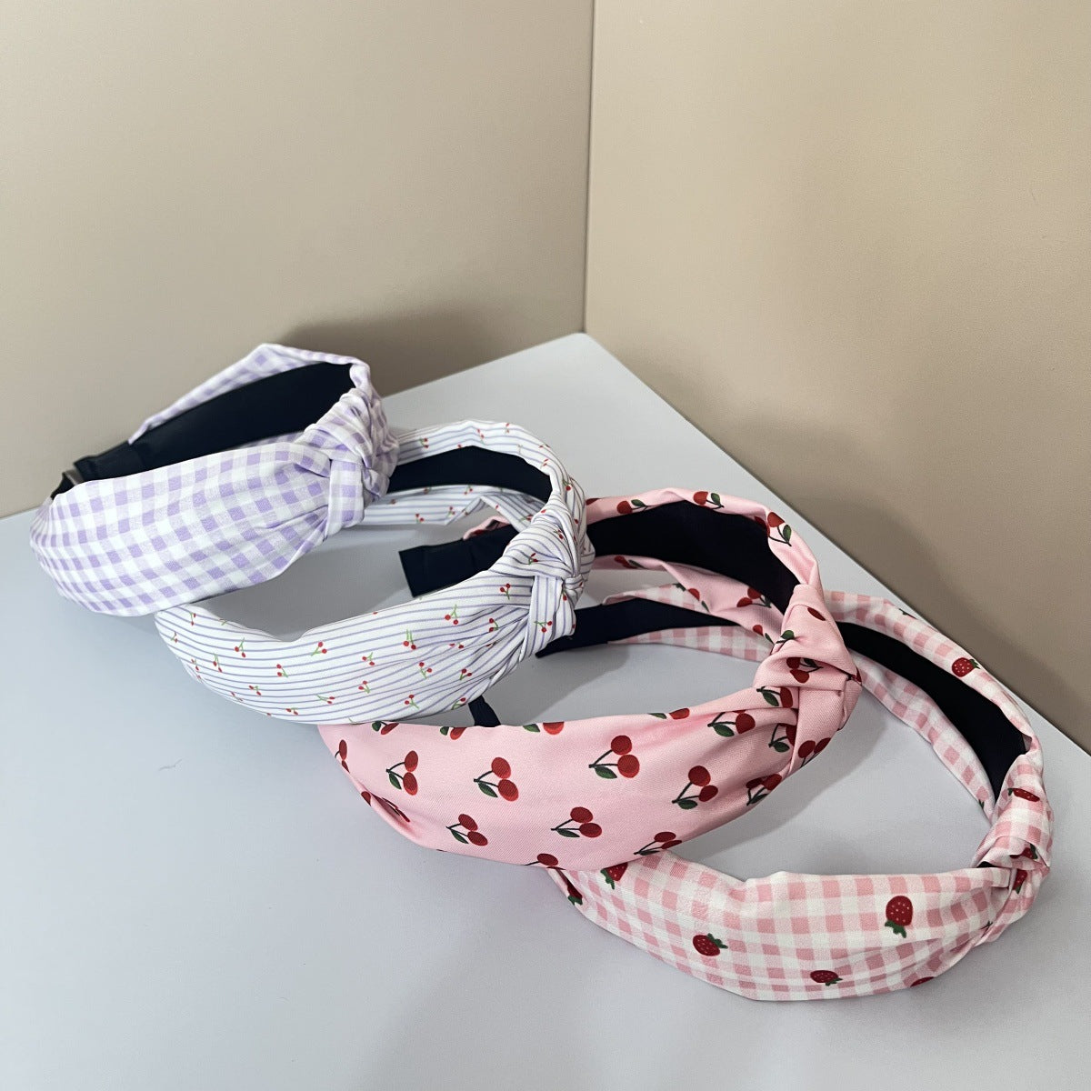 Wholesale Fabric Pure Flower Fruit Lemon Orange Cherry Wide Edge Knotted Headband Combination 4Pcs