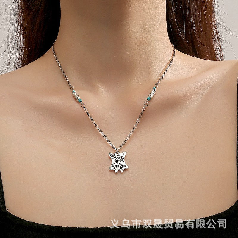 Wholesale Fashion Retro Geometric Letter Pattern Square Turquoise Necklace