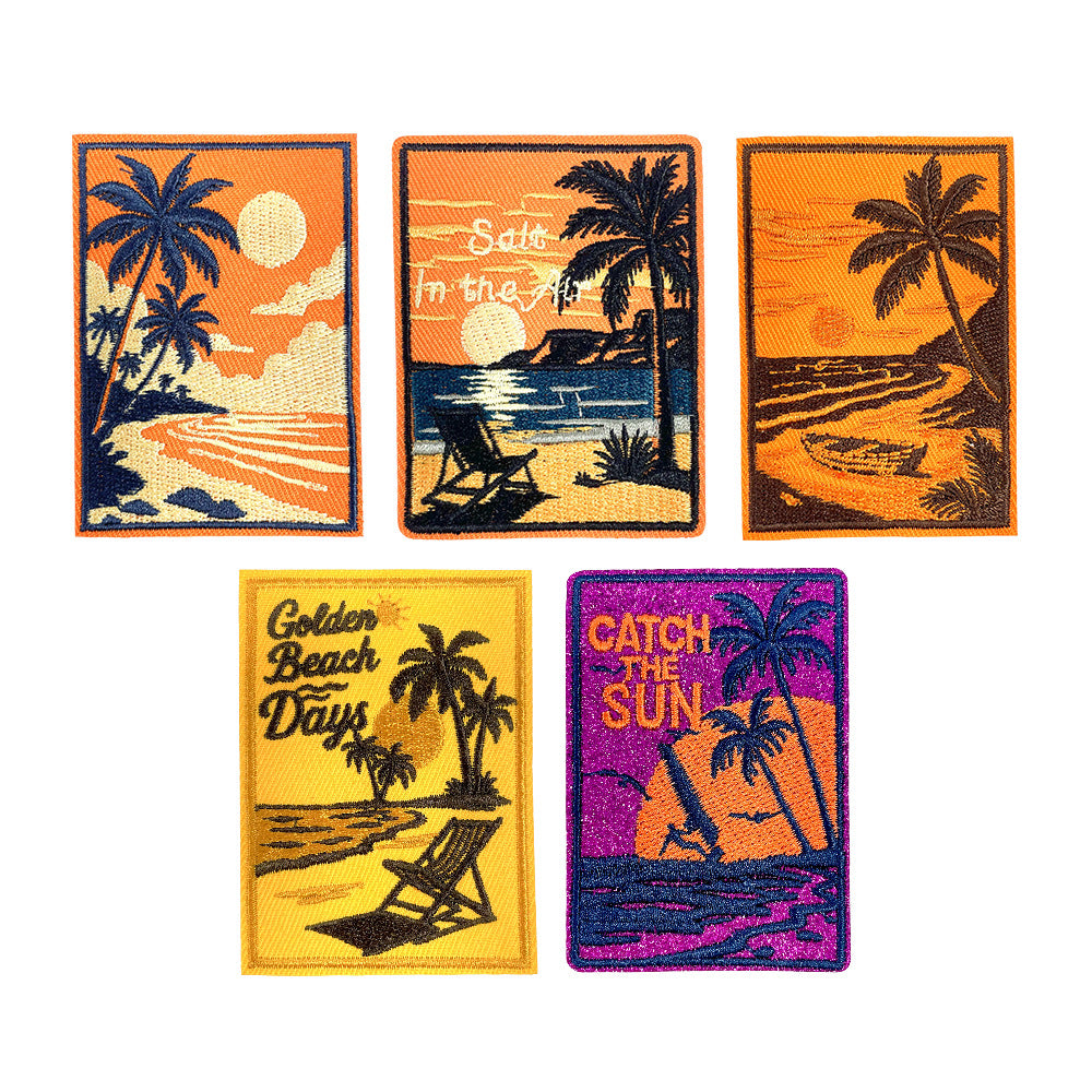 Wholesale Trendy Retro Beach Palm Tree Sunset Embroidered Patches For Clothing Bags DIY Craft Supply 5 Pack