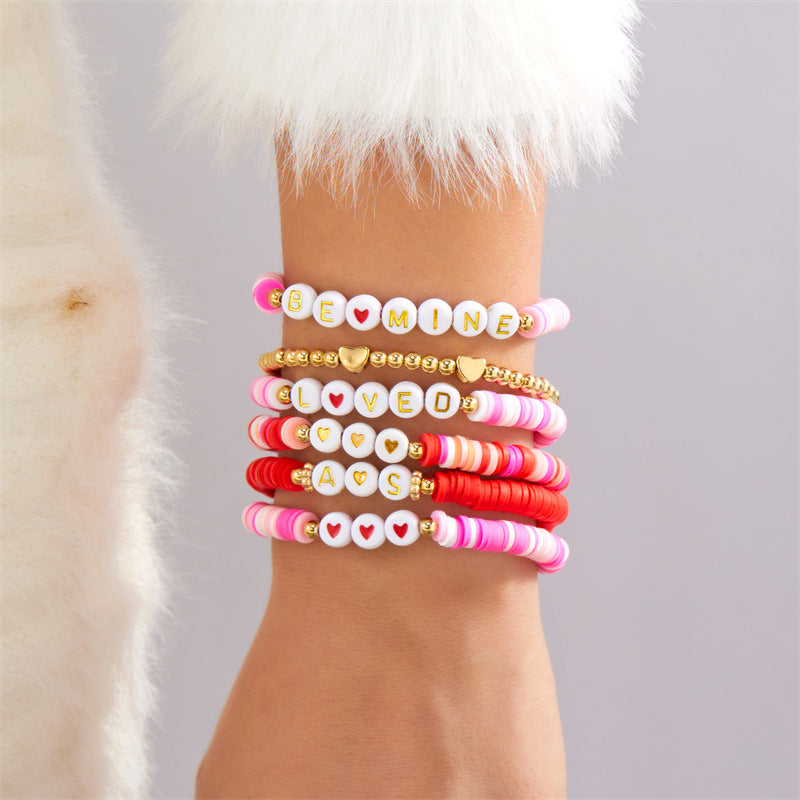 Wholesale Love Soft Ceramic Valentine' s Day Pink Letter  Layered Bracelet Set