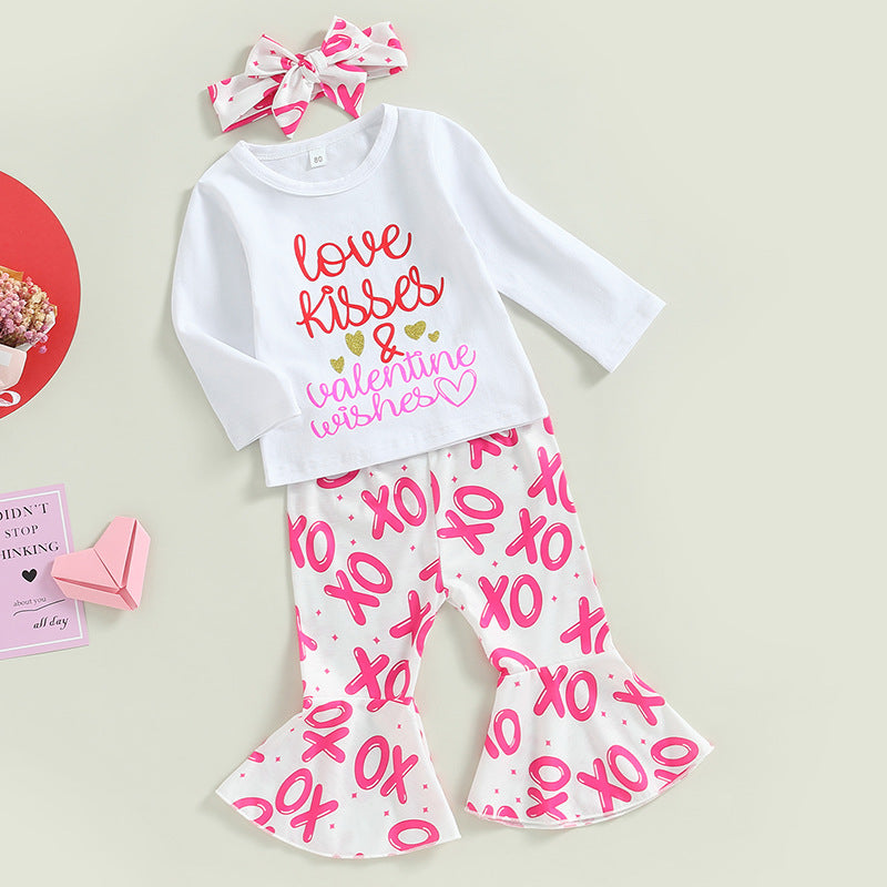 Wholesale Cotton Valentine's Day Long-sleeved Letter Print Tops and Bell-bottom Pants Hair Accessories Three-piece Set