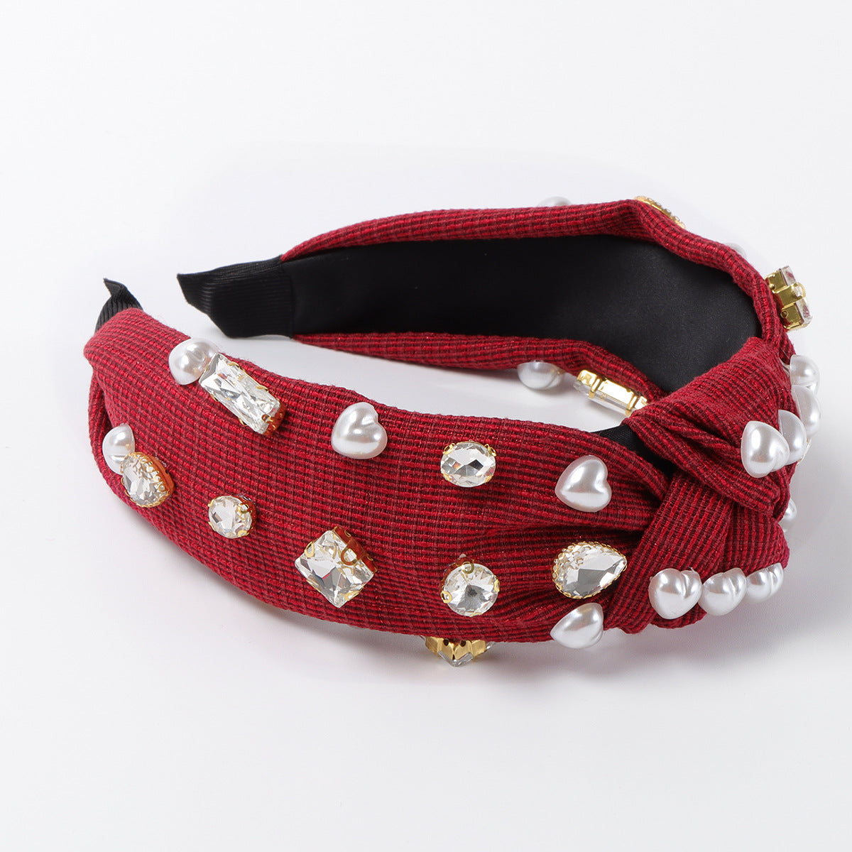 Wholesale Fabric Heart-shaped Imitation Pearl Knotted Hair Bands