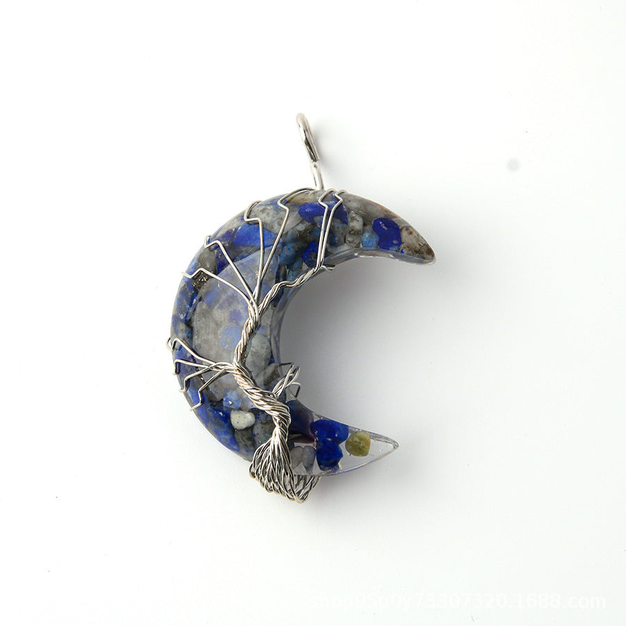 Wholesale Moon Wrap Tree of Life Gravel Pendant Resin Stainless Steel Chain Tooth Necklace