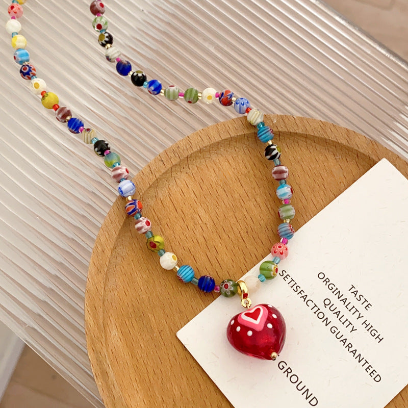 Wholesale Dopamine Color Beaded Red Heart Necklace
