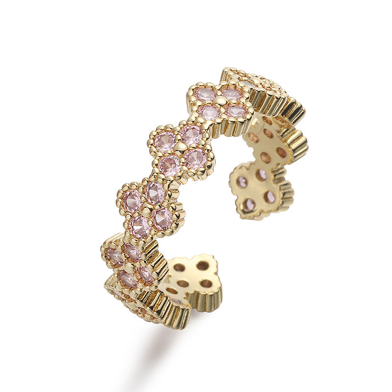 Wholesale Copper Inlaid with Colored Diamonds Four-Leaf Clover Ring