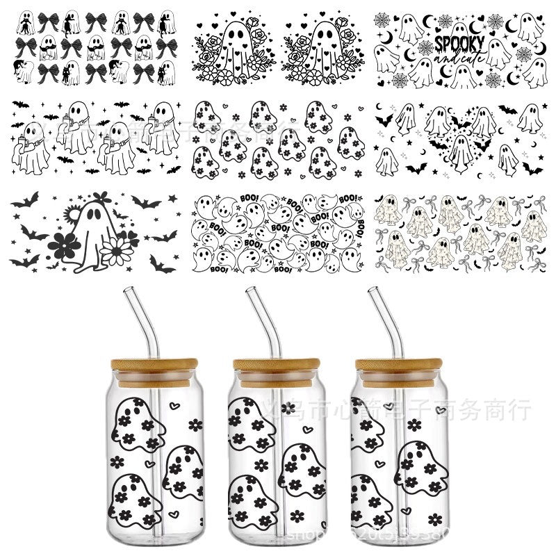 Wholesale 5pcs Pumpkin Cute Ghost Halloween 16oz Cup UV DTF Wraps