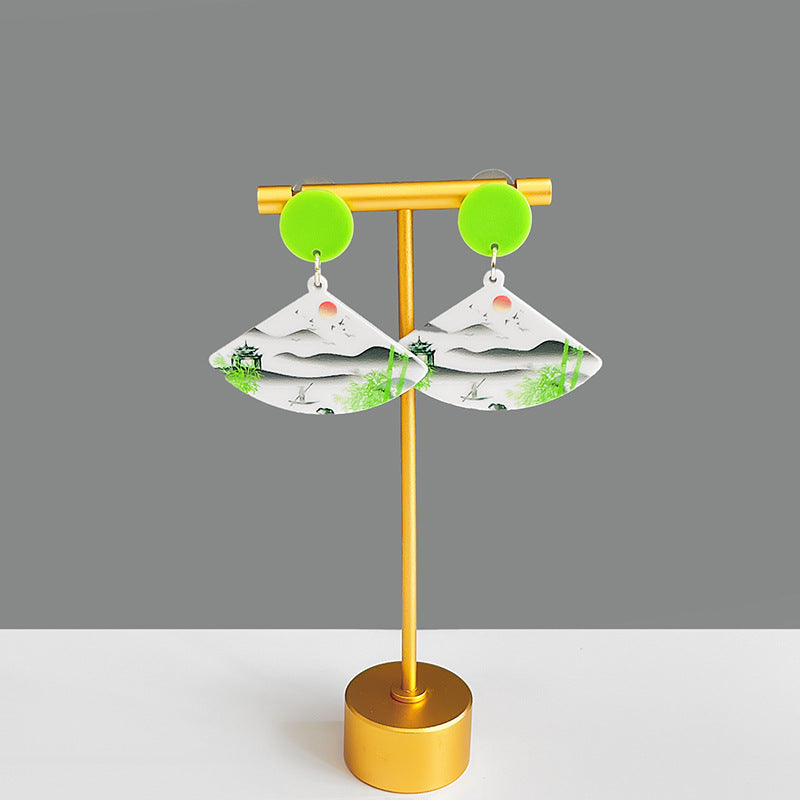 Wholesale Silver Needle Retro Cartoon Ink Painting Flower Fan Earrings