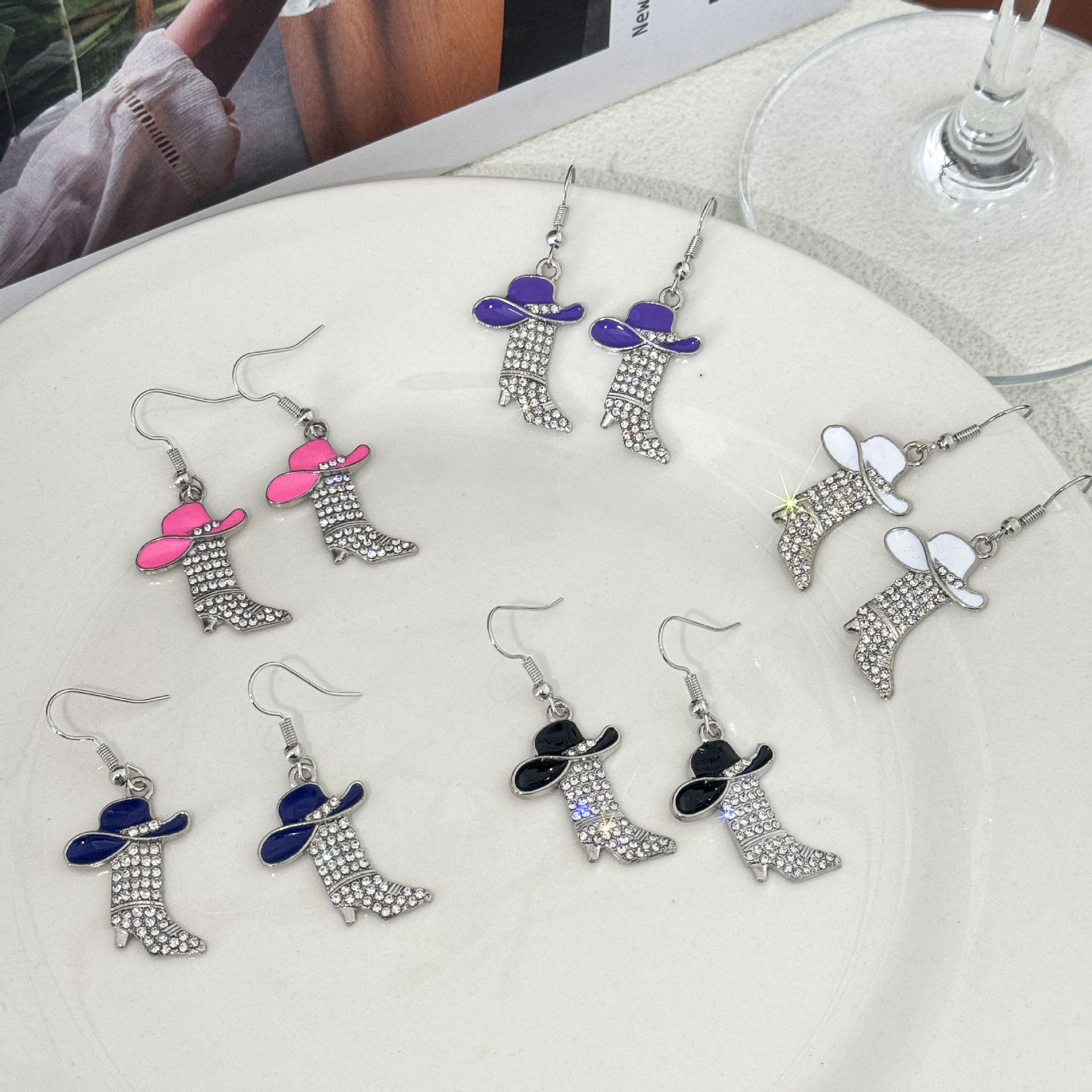 Wholesale Alloy Electroplated Blue Rhinestone Western Boot Drop Earrings For Women Stylish Party Accessory