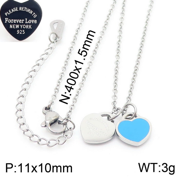 Wholesale 18K Gold-plated Heart-shaped Open Glossy Clavicle Chain Multi-color Epoxy Titanium Steel Ring Set