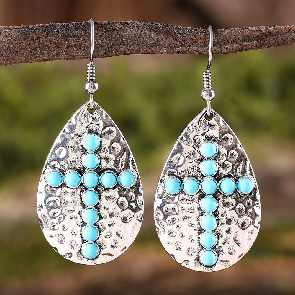 Wholesale Vintage Bohemian Geometric Drop-Shaped Turquoise Cross Pendant Earrings