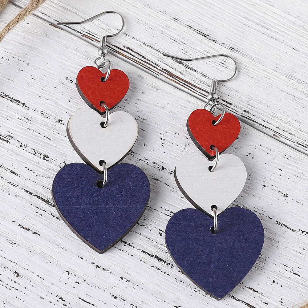 Wholesale Independence Day red White Blue Flag Color Love star wooden earrings