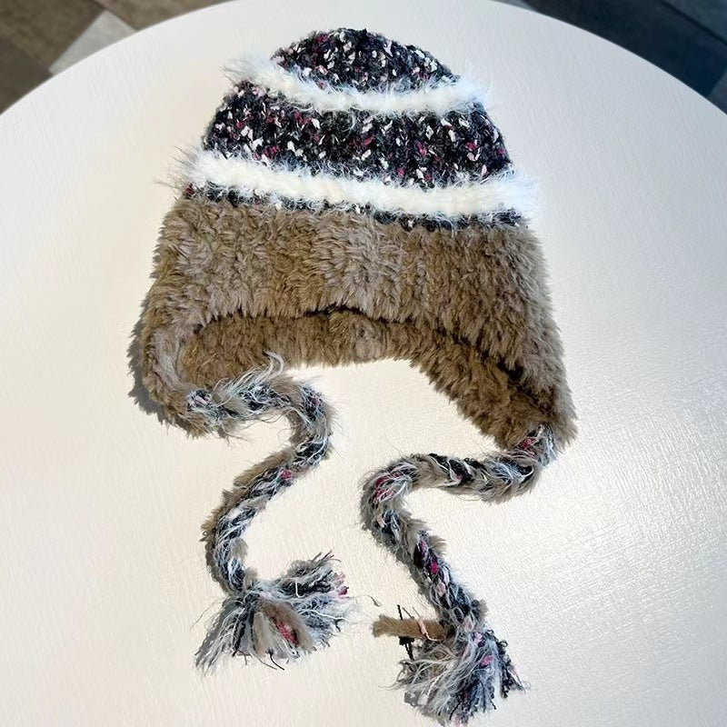 Wholesale Striped Stitching Plus Velvet Thick Warm Ear Protection Wool Hat