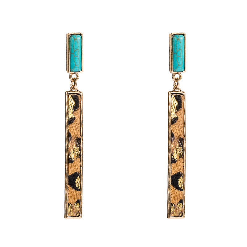 Wholesale Exaggerated long leather inlaid turquoise red coffee leopard print leather earrings